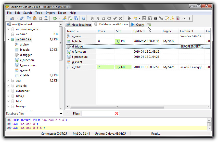 HeidiSQL — Contents of a database