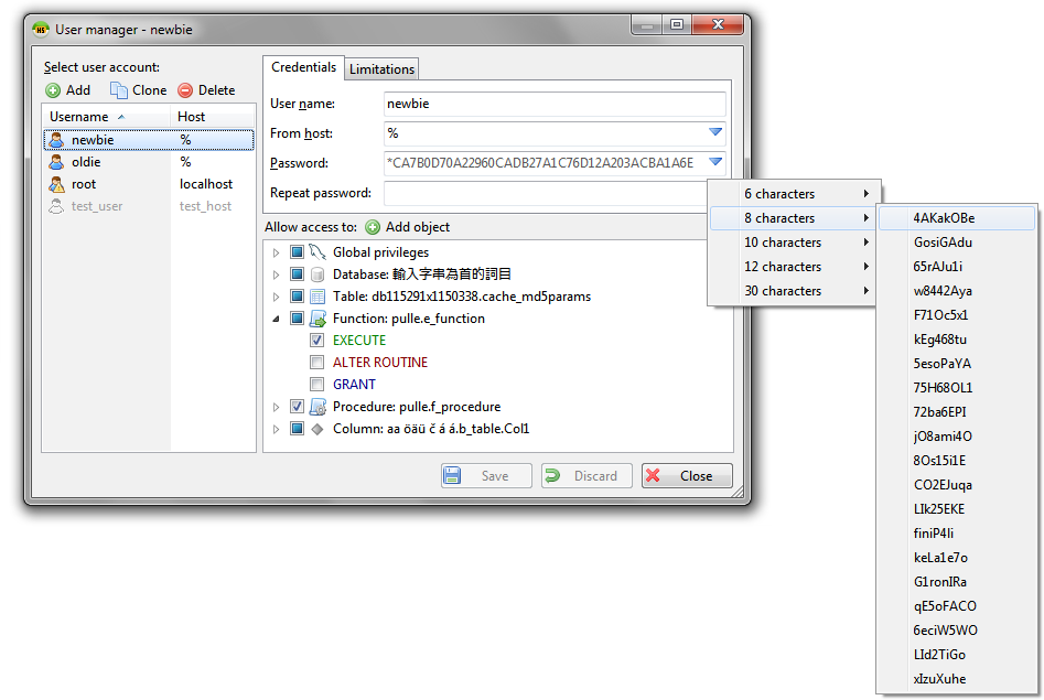 HeidiSQL — MySQL users manager