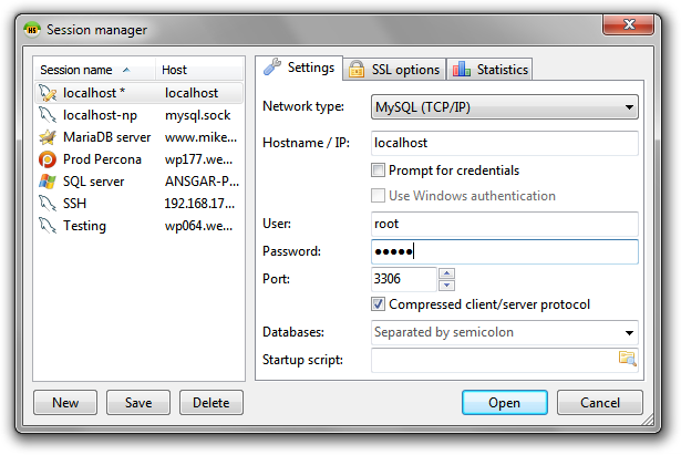 HeidiSQL — Session manager