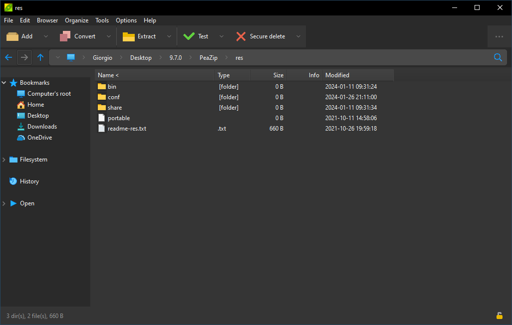 PeaZip — PeaZip on Windows, dark mode